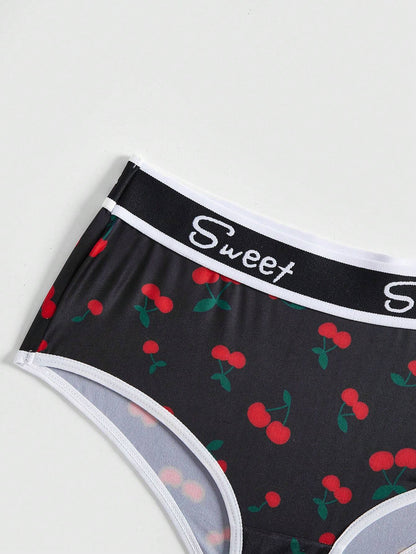 ROMWE Kawaii Conjunto de 3 piezas Tanga con estampado todo sobre de letras dulces con adornos con estampado de fresa y cereza