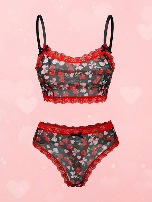ROMWE Kawaii Conjunto de lencería transparente sin aros con estampado integral de flores de cerezo y mariposas