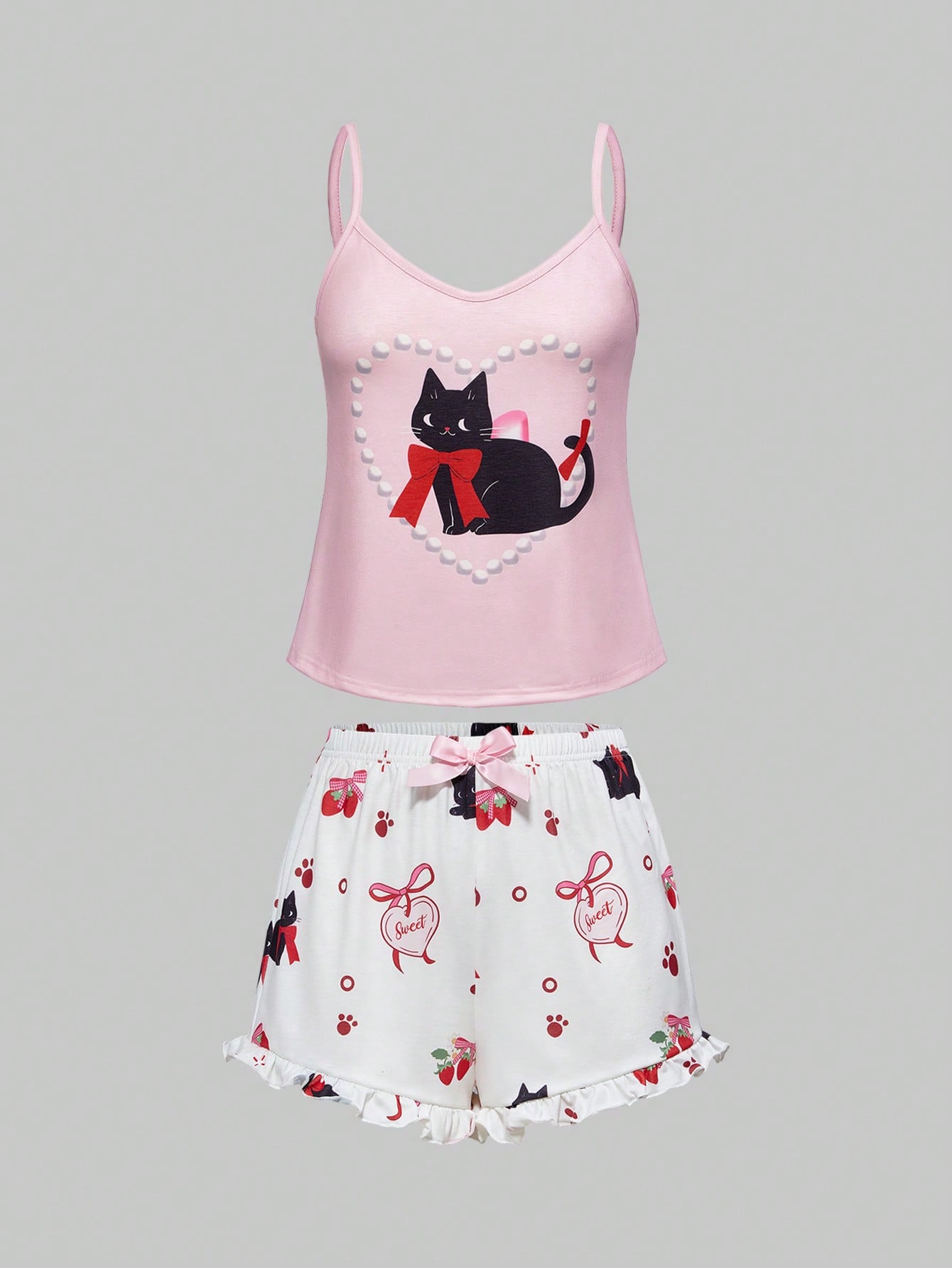 ROMWE Kawaii Conjunto de pijama casual de camiseta de tirantes y shorts con volantes, decoración de lazo y estampado de gatos kawaii para mujeres en verano