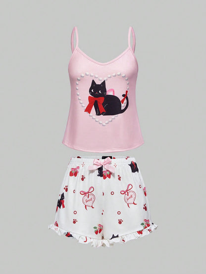 ROMWE Kawaii Conjunto de pijama casual de camiseta de tirantes y shorts con volantes, decoración de lazo y estampado de gatos kawaii para mujeres en verano