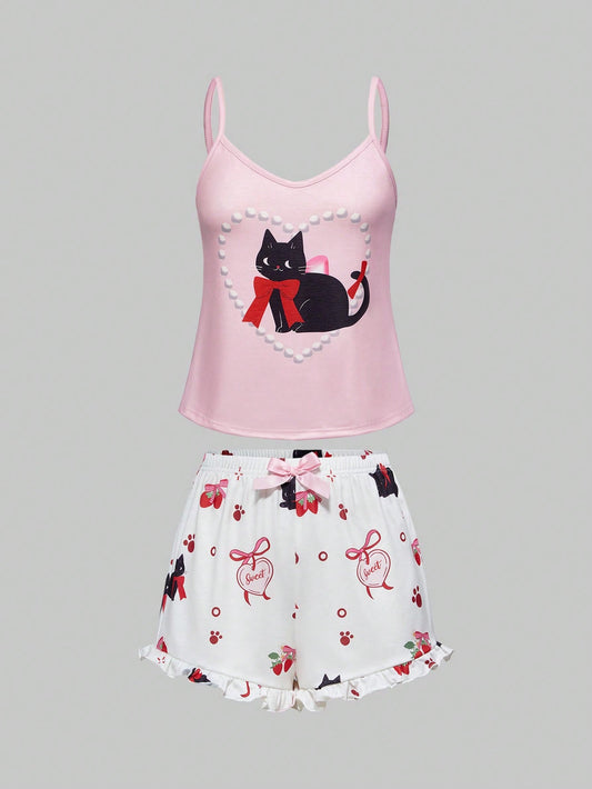 ROMWE Kawaii Conjunto de pijama casual de camiseta de tirantes y shorts con volantes, decoración de lazo y estampado de gatos kawaii para mujeres en verano