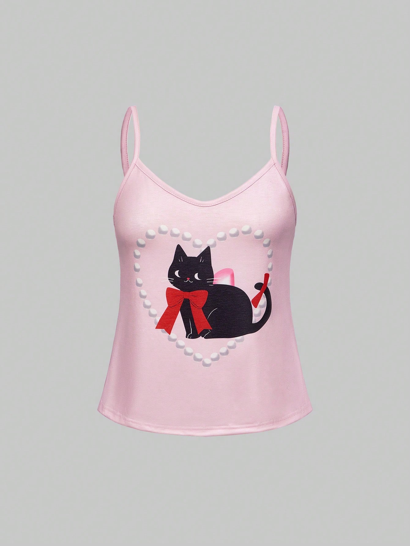 ROMWE Kawaii Conjunto de pijama casual de camiseta de tirantes y shorts con volantes, decoración de lazo y estampado de gatos kawaii para mujeres en verano