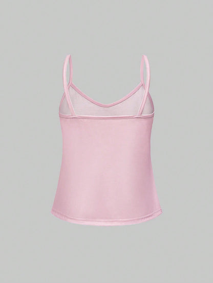 ROMWE Kawaii Conjunto de pijama casual de camiseta de tirantes y shorts con volantes, decoración de lazo y estampado de gatos kawaii para mujeres en verano