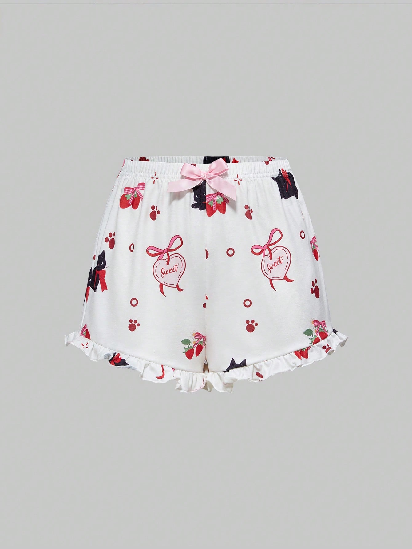 ROMWE Kawaii Conjunto de pijama casual de camiseta de tirantes y shorts con volantes, decoración de lazo y estampado de gatos kawaii para mujeres en verano
