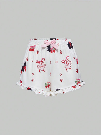 ROMWE Kawaii Conjunto de pijama casual de camiseta de tirantes y shorts con volantes, decoración de lazo y estampado de gatos kawaii para mujeres en verano