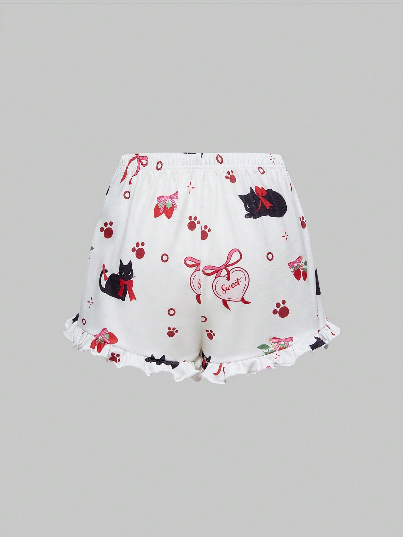 ROMWE Kawaii Conjunto de pijama casual de camiseta de tirantes y shorts con volantes, decoración de lazo y estampado de gatos kawaii para mujeres en verano