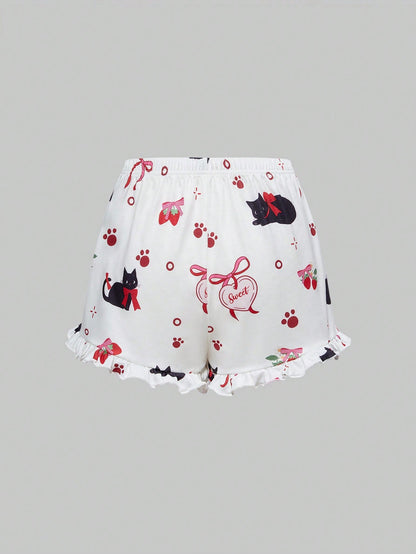 ROMWE Kawaii Conjunto de pijama casual de camiseta de tirantes y shorts con volantes, decoración de lazo y estampado de gatos kawaii para mujeres en verano