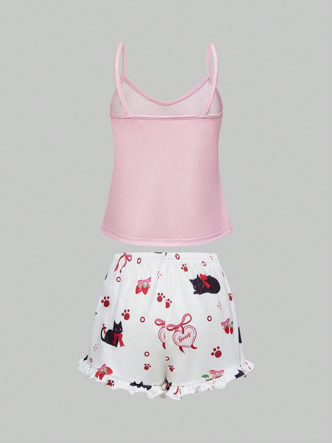 ROMWE Kawaii Conjunto de pijama casual de camiseta de tirantes y shorts con volantes, decoración de lazo y estampado de gatos kawaii para mujeres en verano