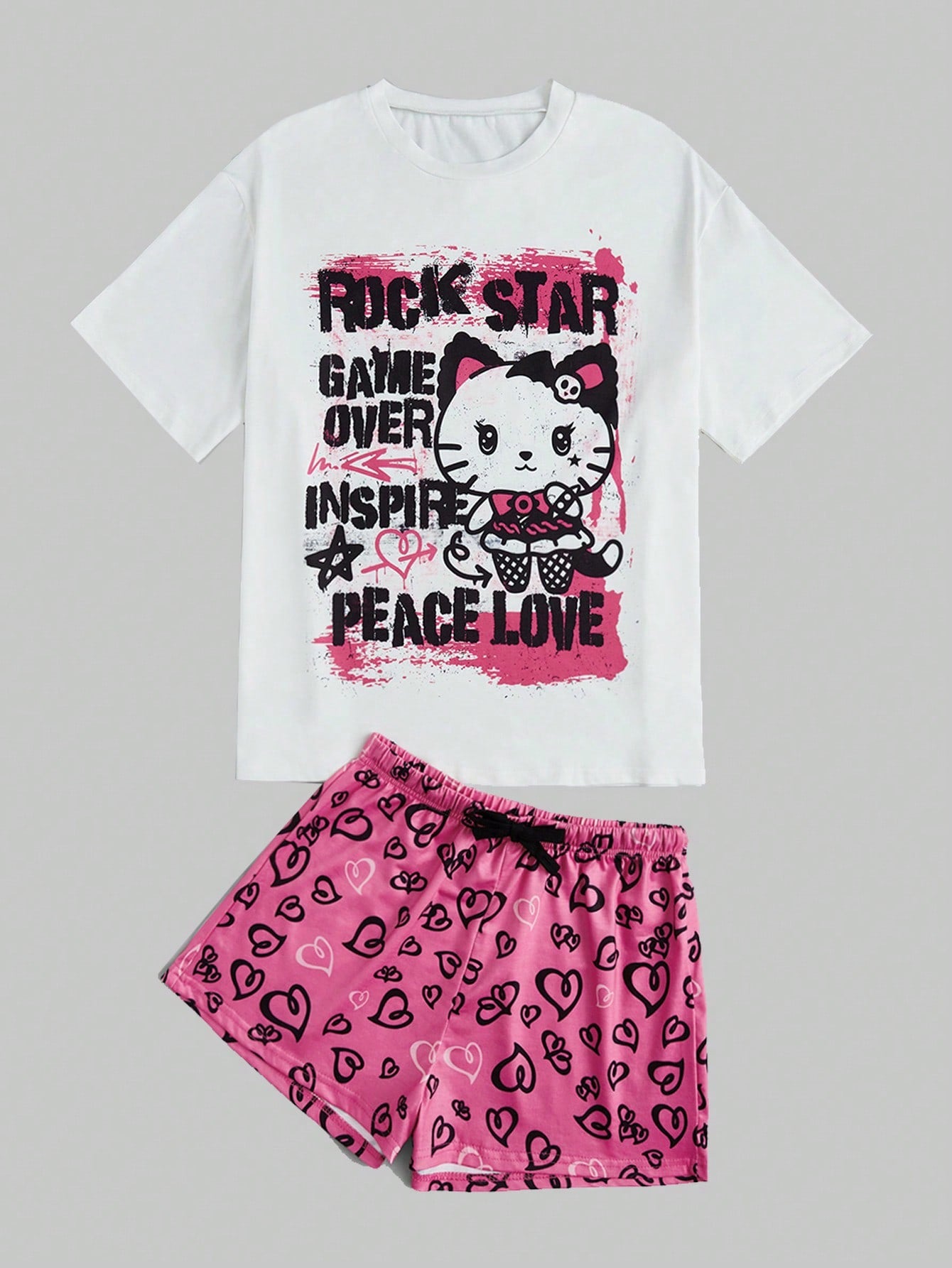 ROMWE Kawaii Conjunto de pijama con camiseta gráfica con diseño de letra y pantalones cortos con estampado de corazón, para la escuela