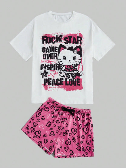 ROMWE Kawaii Conjunto de pijama con camiseta gráfica con diseño de letra y pantalones cortos con estampado de corazón, para la escuela