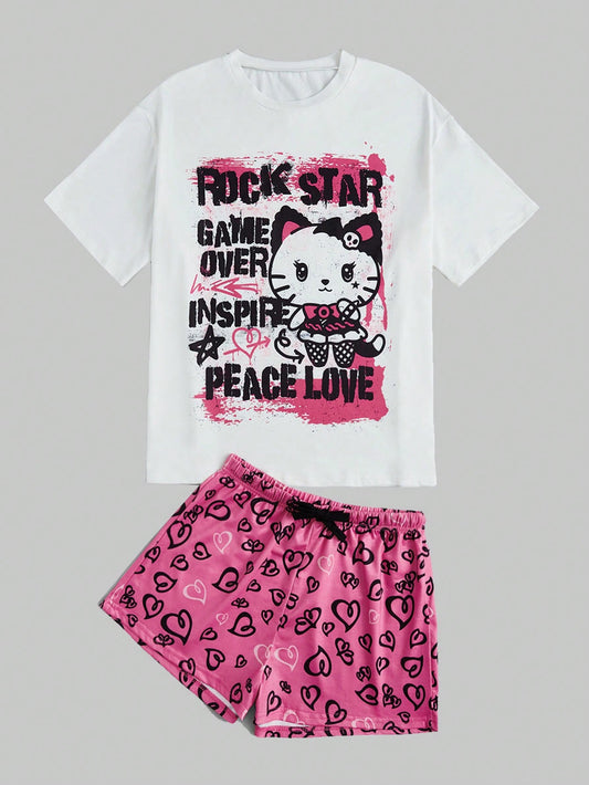 ROMWE Kawaii Conjunto de pijama con camiseta gráfica con diseño de letra y pantalones cortos con estampado de corazón, para la escuela