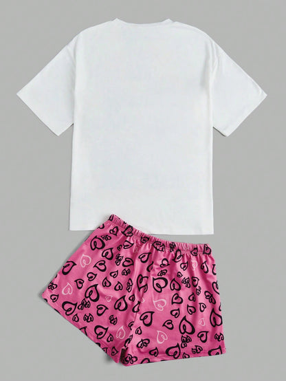 ROMWE Kawaii Conjunto de pijama con camiseta gráfica con diseño de letra y pantalones cortos con estampado de corazón, para la escuela