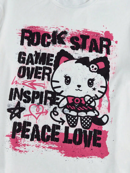 ROMWE Kawaii Conjunto de pijama con camiseta gráfica con diseño de letra y pantalones cortos con estampado de corazón, para la escuela