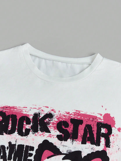 ROMWE Kawaii Conjunto de pijama con camiseta gráfica con diseño de letra y pantalones cortos con estampado de corazón, para la escuela