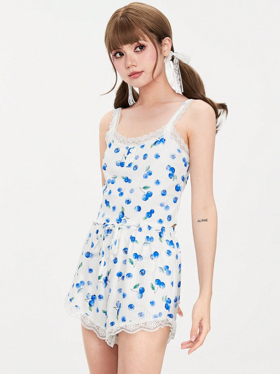 ROMWE Kawaii Conjunto de pijama de camisola de punto acanalado con arándanos frescos para mujer