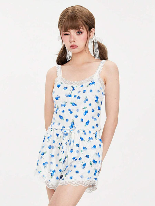 ROMWE Kawaii Conjunto de pijama de camisola de punto acanalado con arándanos frescos para mujer