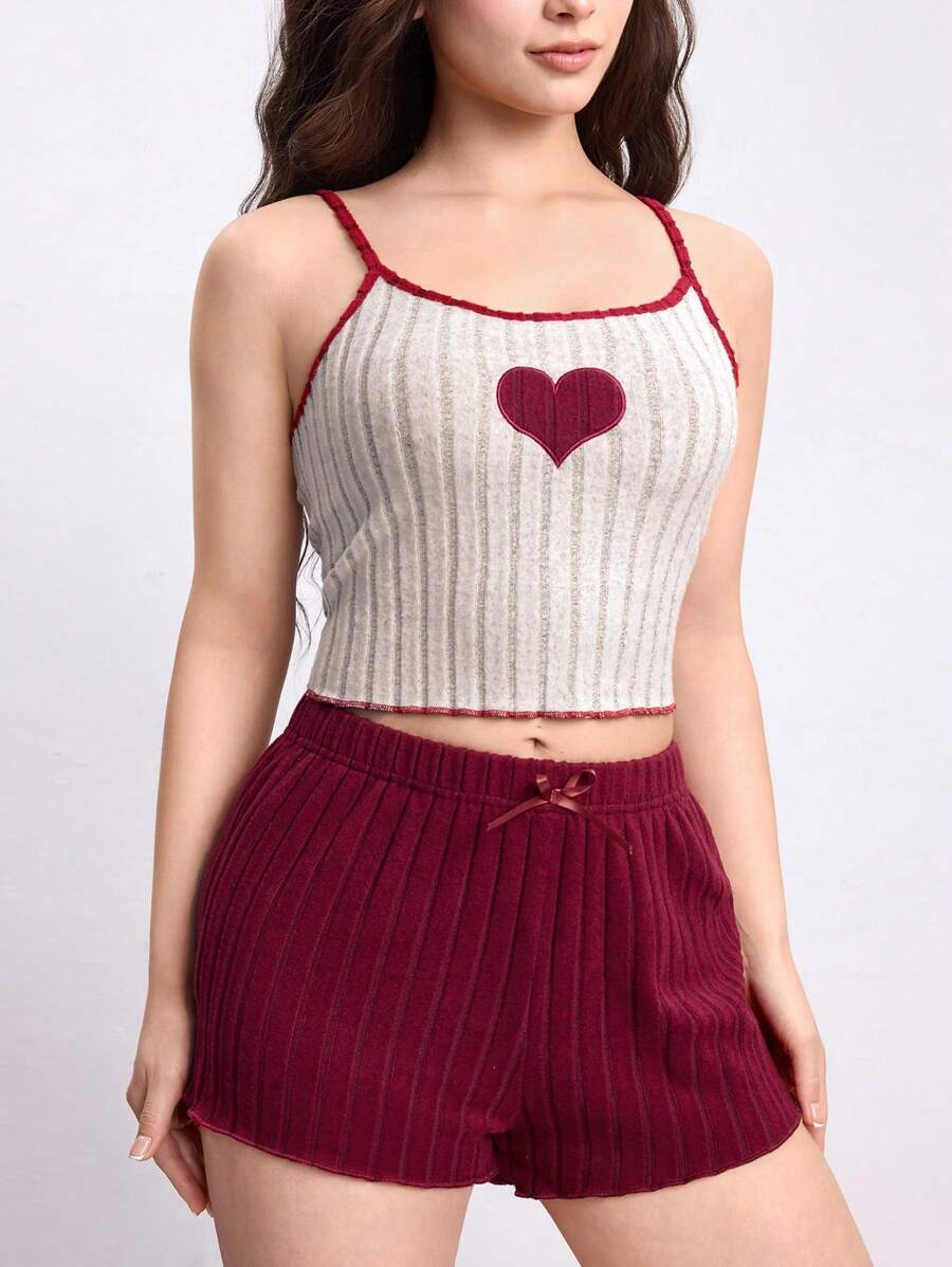 ROMWE Kawaii Conjunto de pijama informal de Día de San Valentín con contraste de color, acanalado y esponjoso