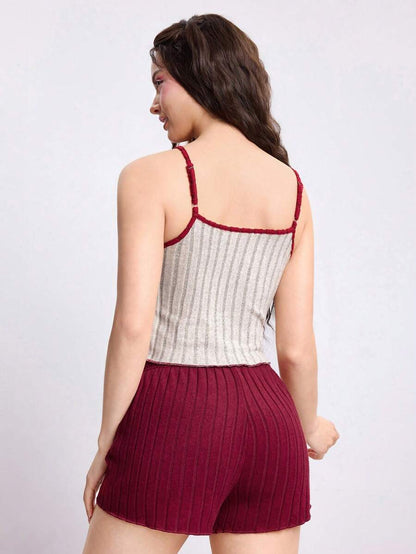 ROMWE Kawaii Conjunto de pijama informal de Día de San Valentín con contraste de color, acanalado y esponjoso
