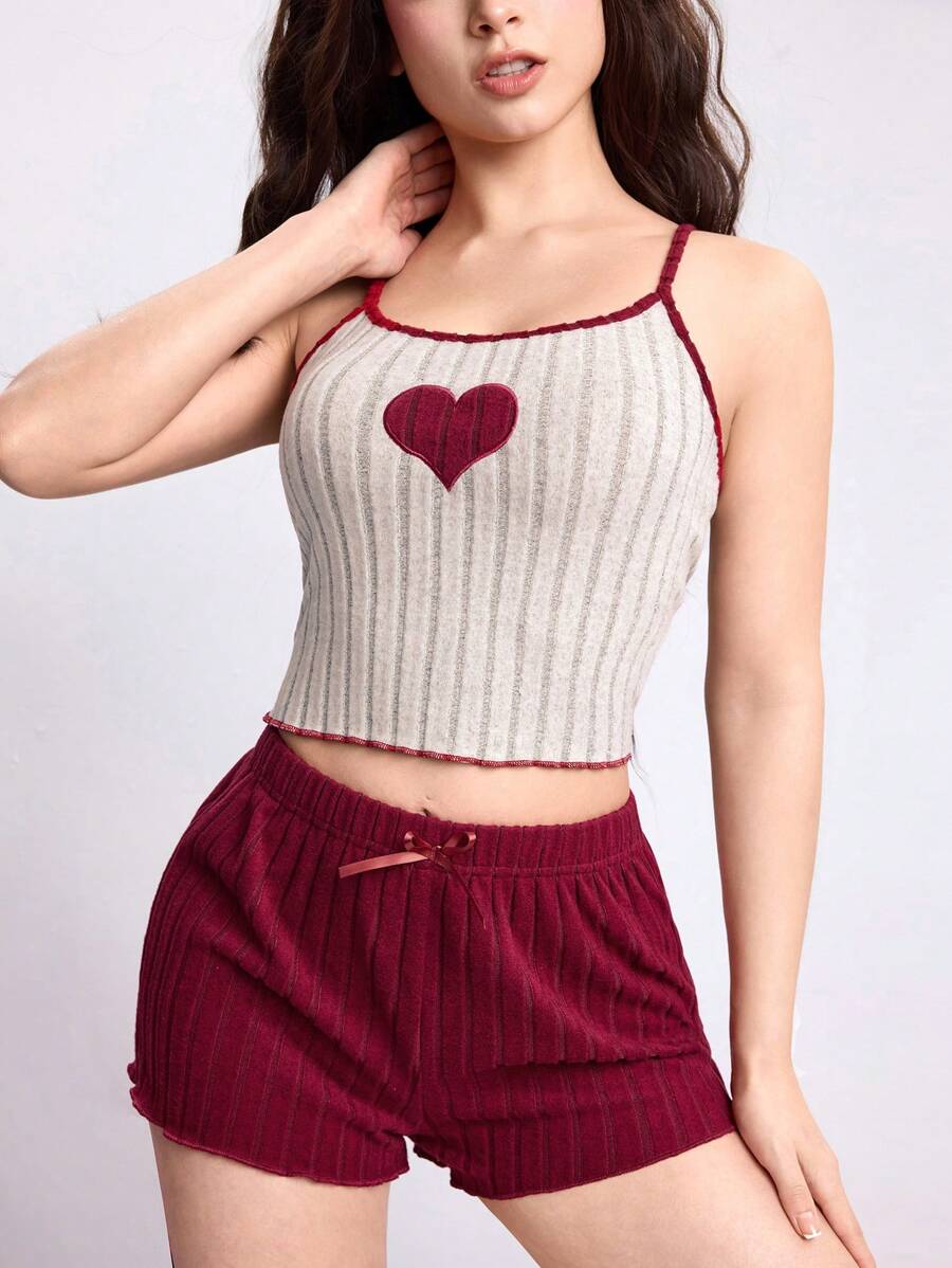 ROMWE Kawaii Conjunto de pijama informal de Día de San Valentín con contraste de color, acanalado y esponjoso