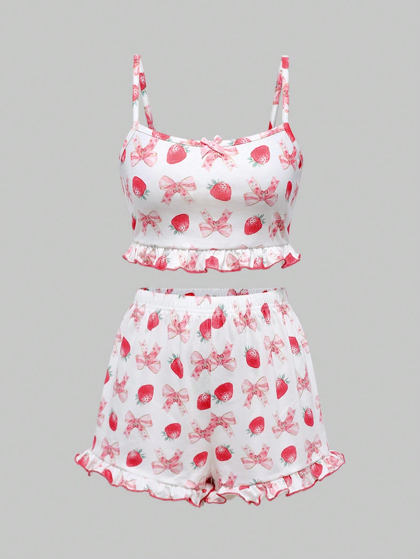 ROMWE Kawaii Conjunto de ropa de dormir de tirantes con volantes con diseño de fresa y moño para mujer, de uso casual en verano
