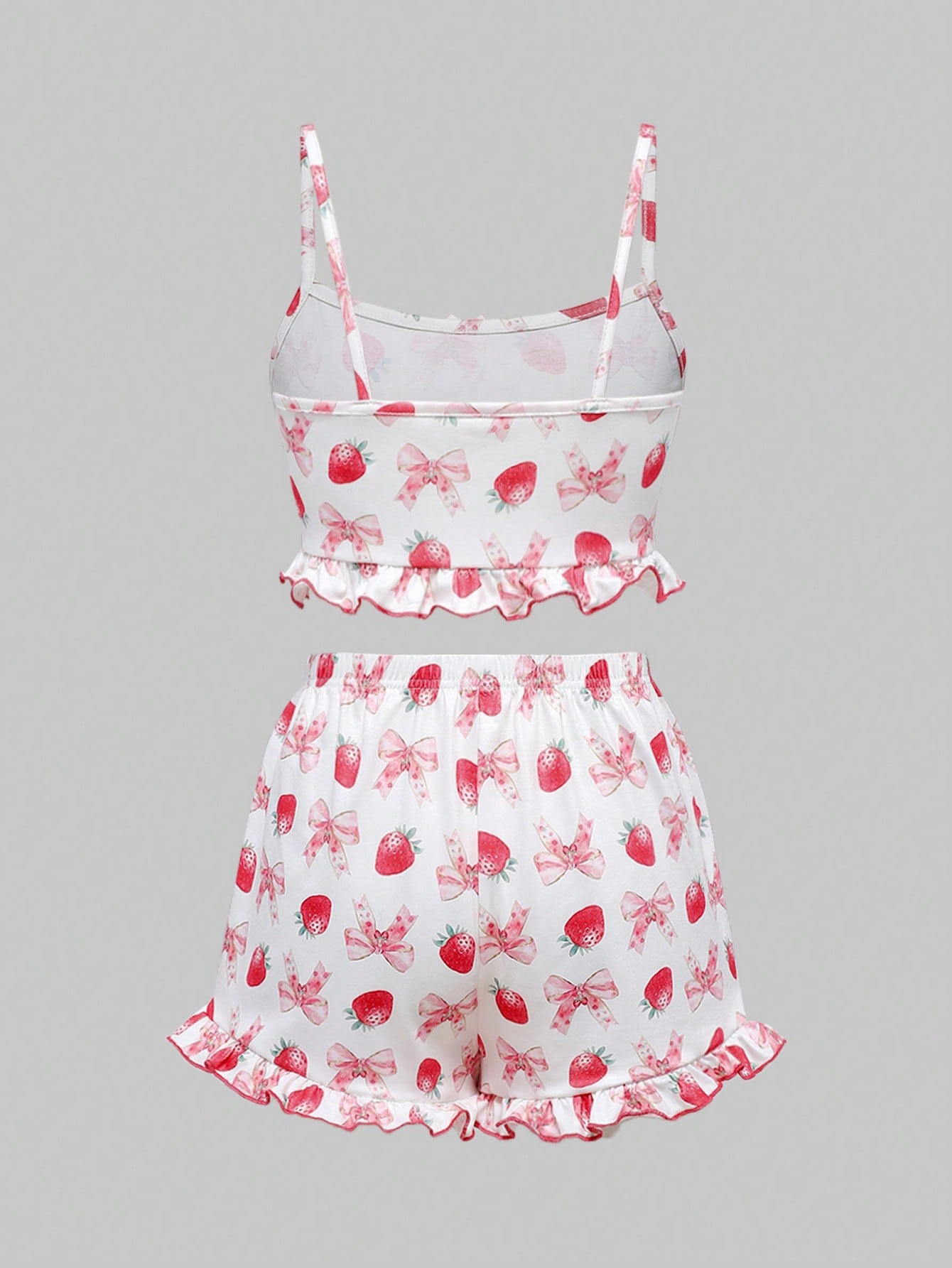 ROMWE Kawaii Conjunto de ropa de dormir de tirantes con volantes con diseño de fresa y moño para mujer, de uso casual en verano