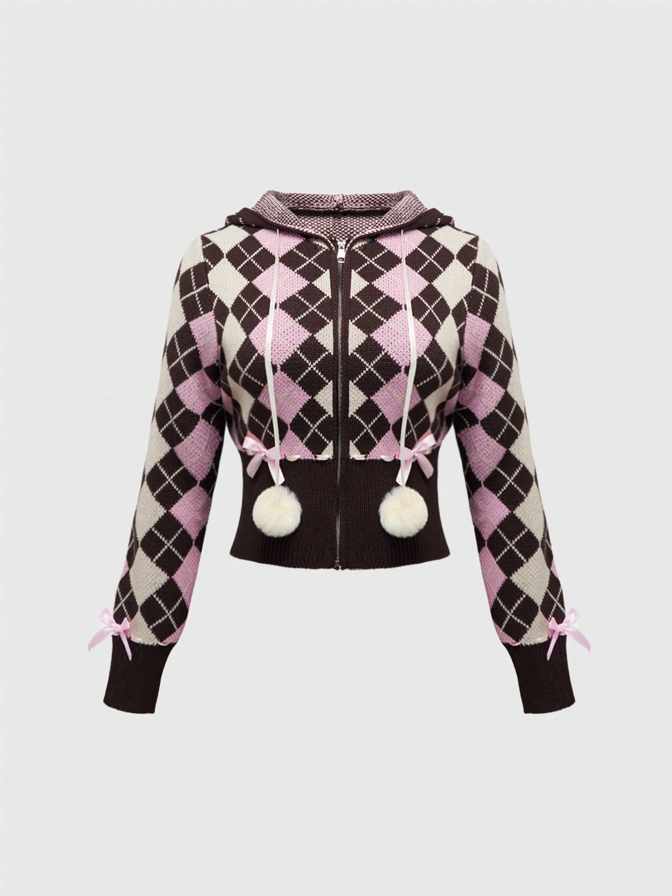 ROMWE Kawaii Cárdigan con patrón de argyle y moño en la parte delantera, estilo Y2K Himekaji para mujeres