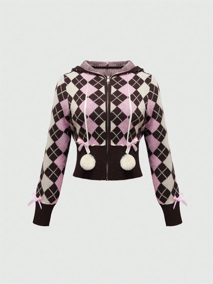 ROMWE Kawaii Cárdigan con patrón de argyle y moño en la parte delantera, estilo Y2K Himekaji para mujeres
