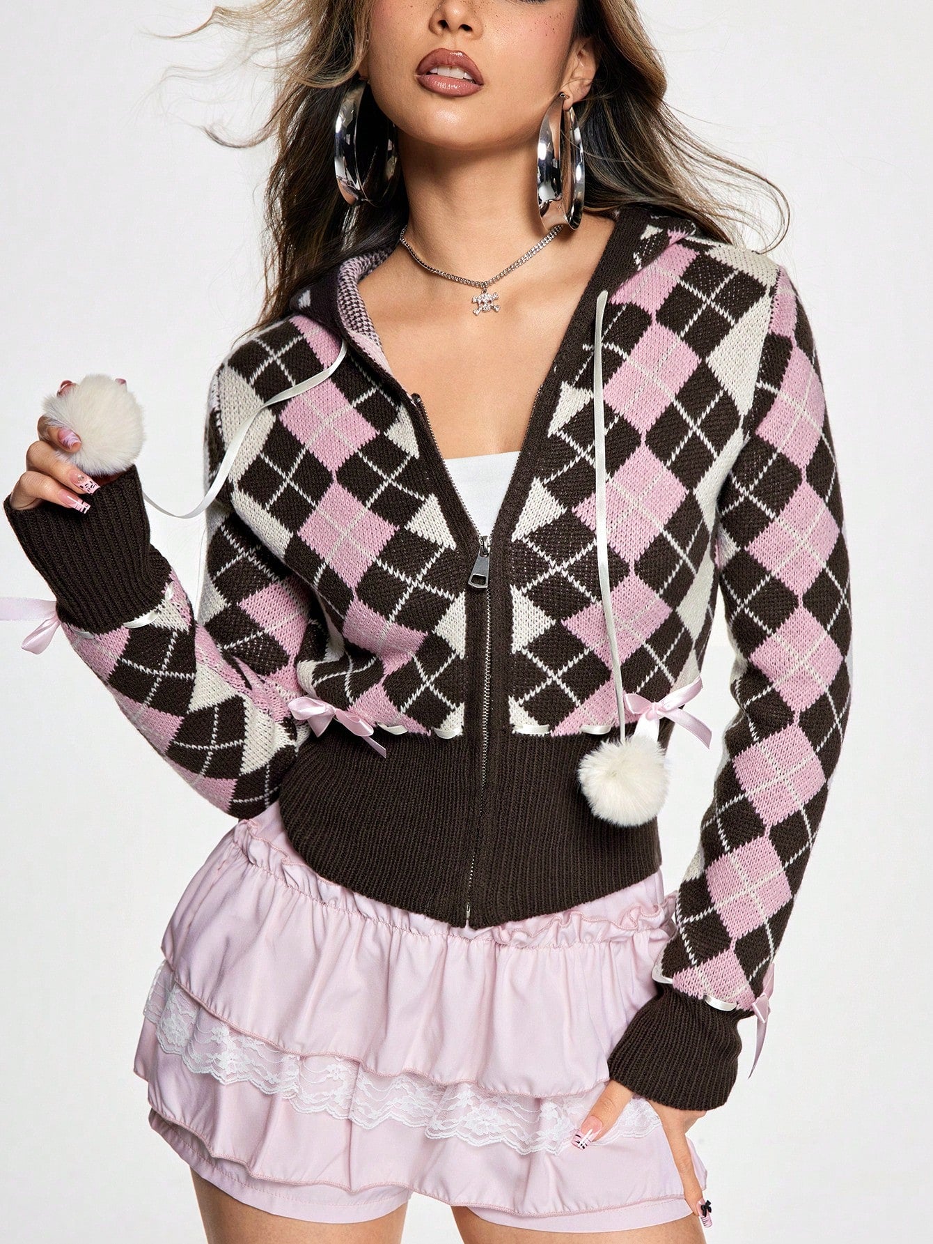 ROMWE Kawaii Cárdigan con patrón de argyle y moño en la parte delantera, estilo Y2K Himekaji para mujeres