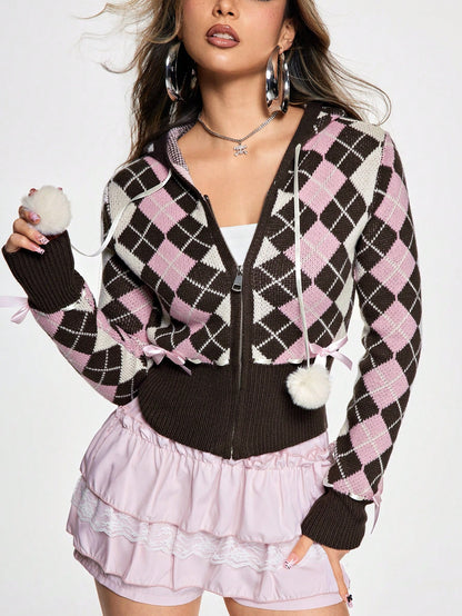 ROMWE Kawaii Cárdigan con patrón de argyle y moño en la parte delantera, estilo Y2K Himekaji para mujeres