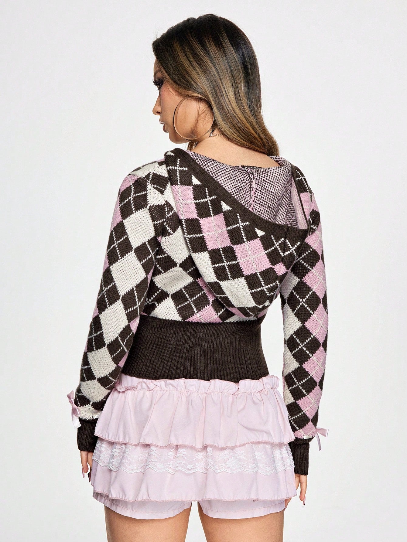 ROMWE Kawaii Cárdigan con patrón de argyle y moño en la parte delantera, estilo Y2K Himekaji para mujeres