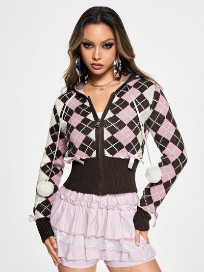 ROMWE Kawaii Cárdigan con patrón de argyle y moño en la parte delantera, estilo Y2K Himekaji para mujeres