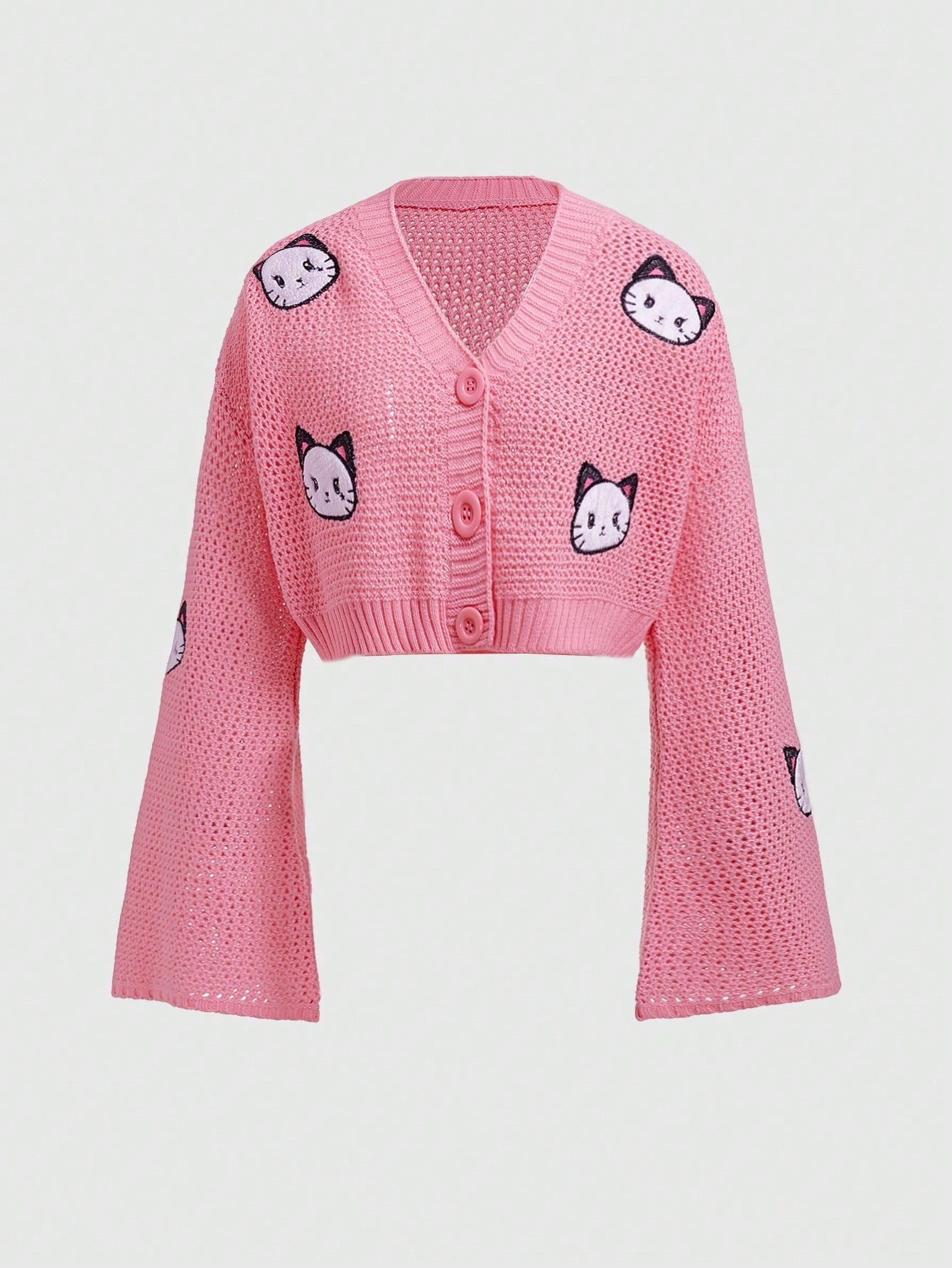 ROMWE Kawaii Cárdigan de mujer con bordado de gato de dibujos animados y mangas con campana, color rosa