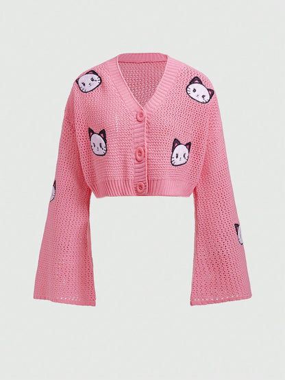 ROMWE Kawaii Cárdigan de mujer con bordado de gato de dibujos animados y mangas con campana, color rosa