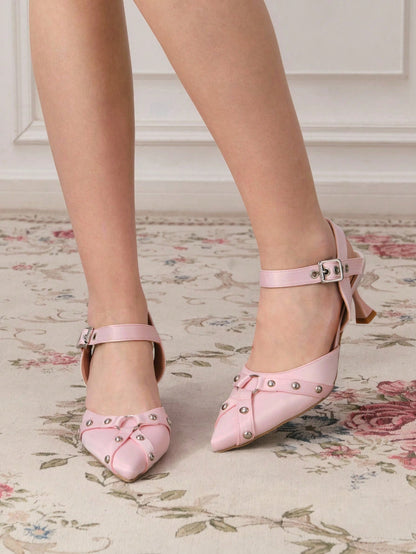 ROMWE Kawaii Elegantes tacones altos de mujer de moda casual con puntera puntiaguda y diseño de ojetes metálicos, apropiados para fiestas, uso diario, vestidos de noche, que aumentan la altura y alarga las piernas, cómodos y versátiles