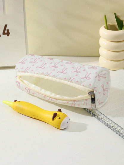 ROMWE Kawaii Estuche para lápices con diseño de moño y estampado de corazón, bolsa de cosméticos con diseño de rombo, estuche con cremallera, monedero, caja de papelería, adecuado para bolígrafos y útiles escolares