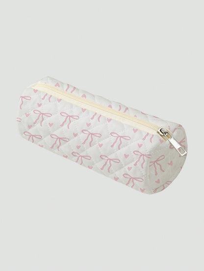 ROMWE Kawaii Estuche para lápices con diseño de moño y estampado de corazón, bolsa de cosméticos con diseño de rombo, estuche con cremallera, monedero, caja de papelería, adecuado para bolígrafos y útiles escolares