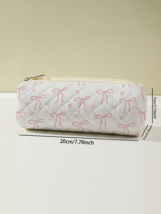 ROMWE Kawaii Estuche para lápices con diseño de moño y estampado de corazón, bolsa de cosméticos con diseño de rombo, estuche con cremallera, monedero, caja de papelería, adecuado para bolígrafos y útiles escolares