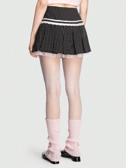 ROMWE Kawaii Falda Con Ribete De Encaje Y Rayas Decorado Con Un Nudo De Lazo