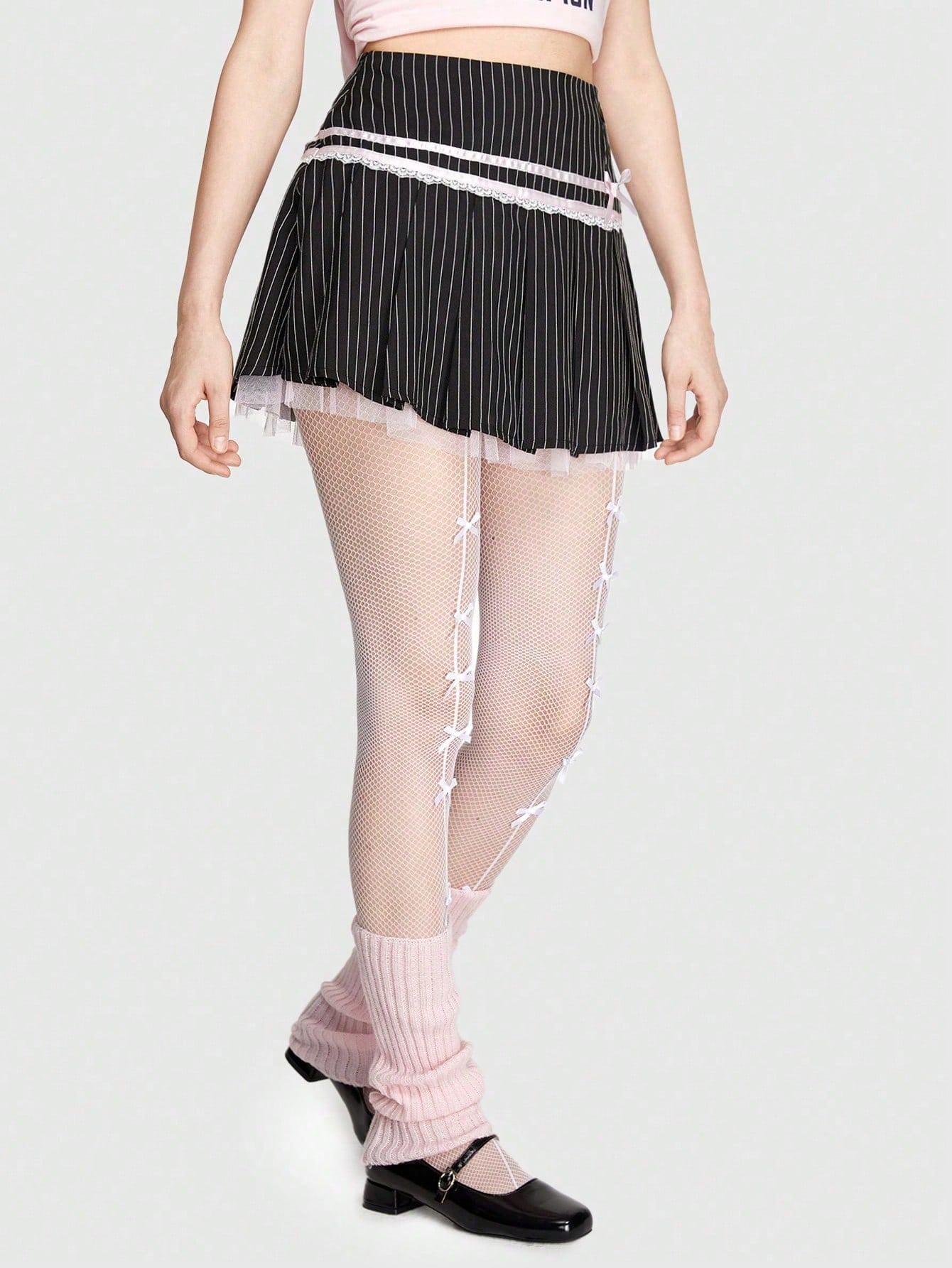 ROMWE Kawaii Falda Con Ribete De Encaje Y Rayas Decorado Con Un Nudo De Lazo