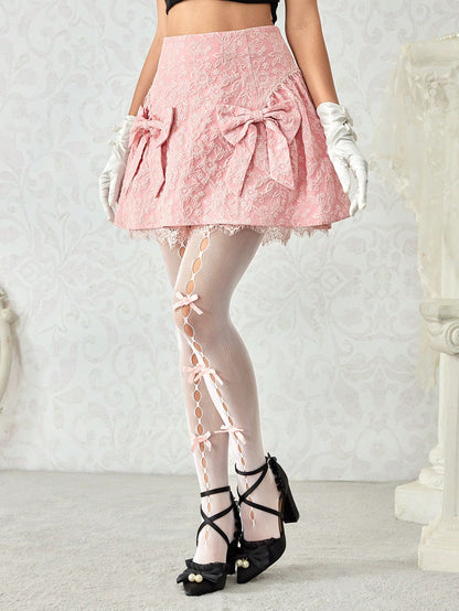 ROMWE Kawaii Falda abullonada con decoración de lazo, flores y mariposas en estilo Kawaii para fiesta de té