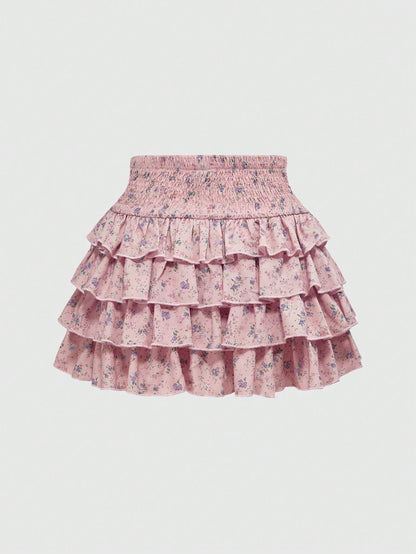 ROMWE Kawaii Falda casual de mujer con volantes en el bajo y estampado floral disperso