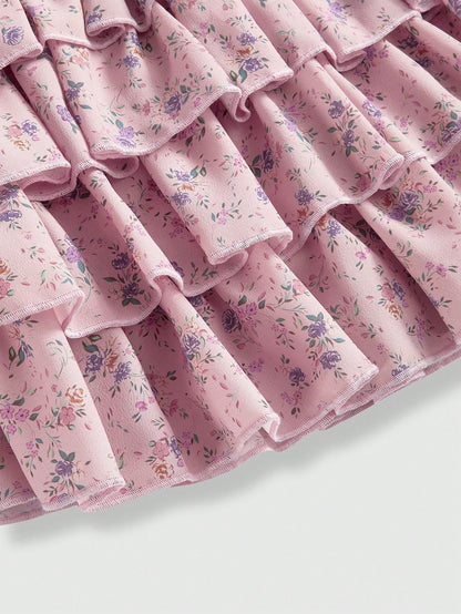 ROMWE Kawaii Falda casual de mujer con volantes en el bajo y estampado floral disperso