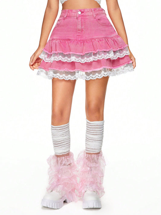 ROMWE Kawaii Falda corta de mezclilla con cintura baja y aplique de encaje en capas para mujer