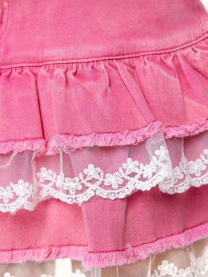 ROMWE Kawaii Falda corta de mezclilla con cintura baja y aplique de encaje en capas para mujer
