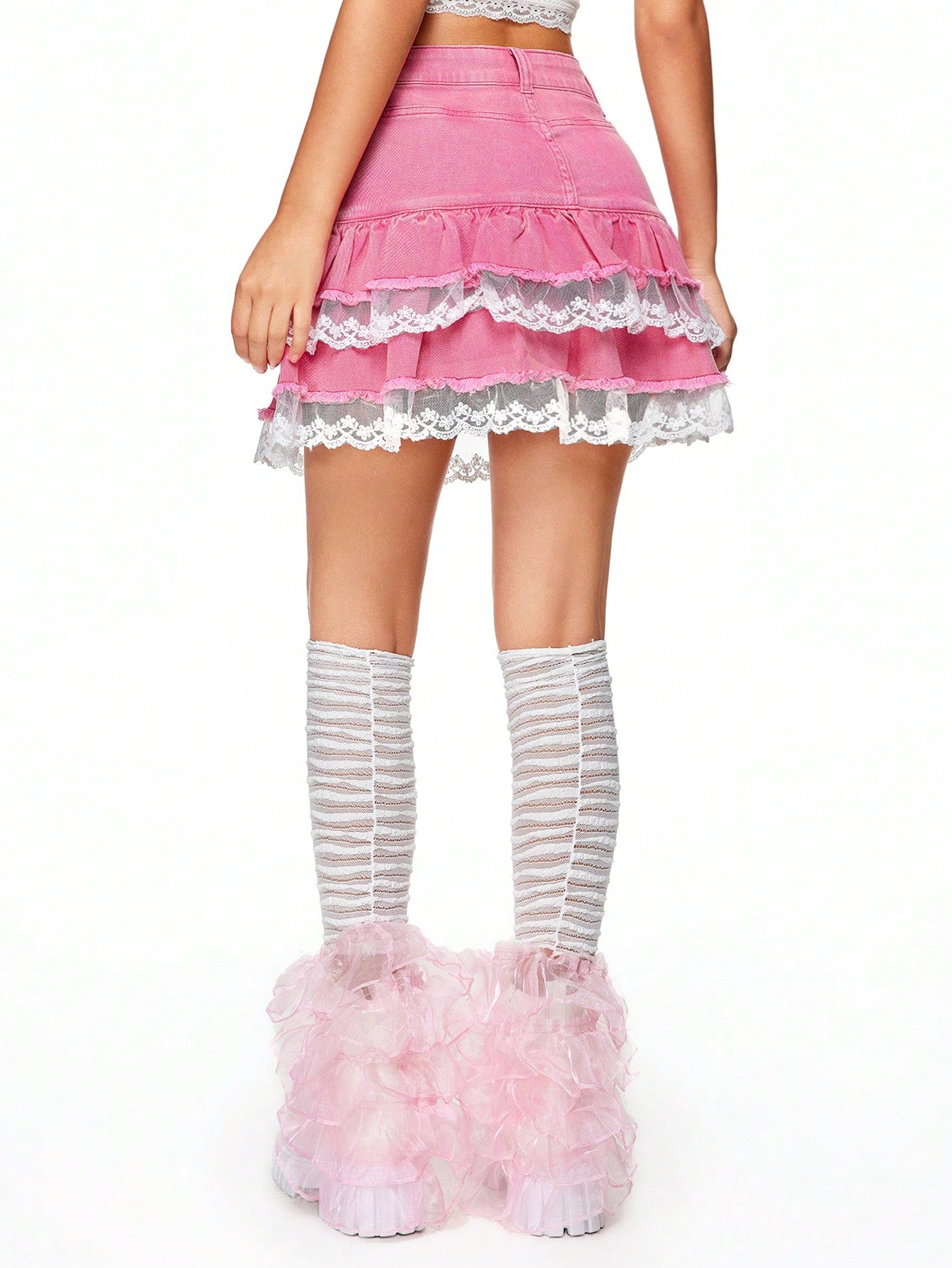 ROMWE Kawaii Falda corta de mezclilla con cintura baja y aplique de encaje en capas para mujer