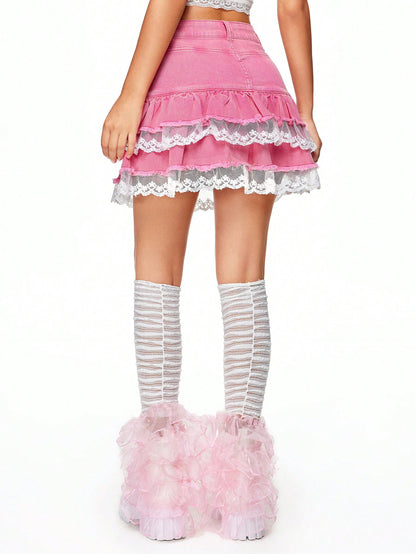 ROMWE Kawaii Falda corta de mezclilla con cintura baja y aplique de encaje en capas para mujer