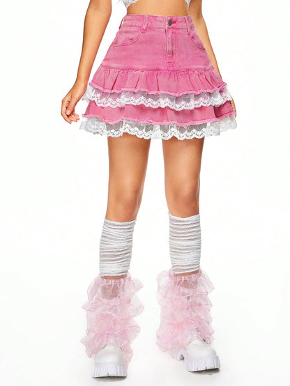 ROMWE Kawaii Falda corta de mezclilla con cintura baja y aplique de encaje en capas para mujer