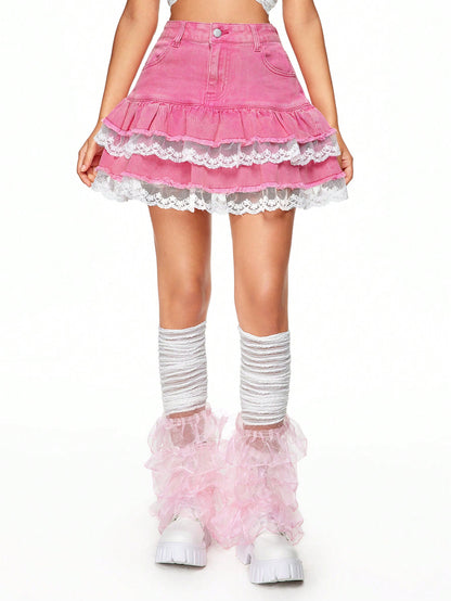 ROMWE Kawaii Falda corta de mezclilla con cintura baja y aplique de encaje en capas para mujer