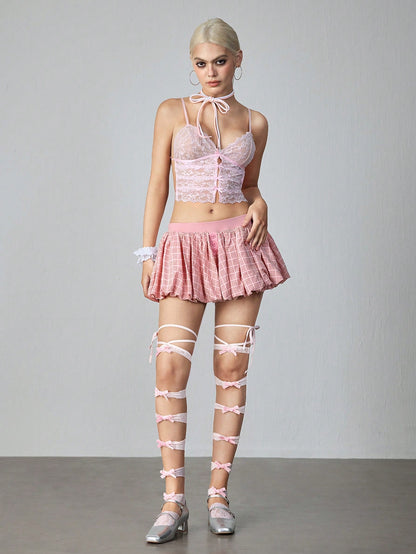ROMWE Kawaii Falda de globo con estampado a cuadros de deporte de ballet para mujer, de primavera/verano