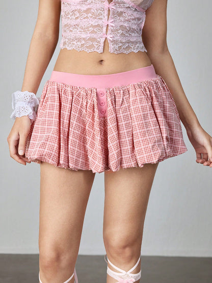 ROMWE Kawaii Falda de globo con estampado a cuadros de deporte de ballet para mujer, de primavera/verano